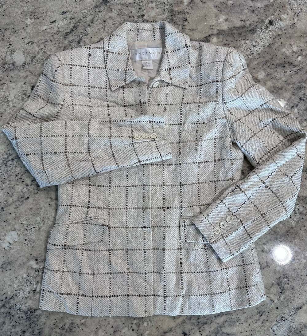 Doncaster Silk Blazer Size 4 White Plaid Tweed Jacket